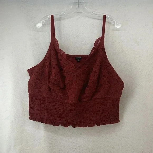 Torrid Burgundy Smocked Cropped Tank Lace V Neck Summer Feminine Size 3 (22/24) - Picture 3 of 6